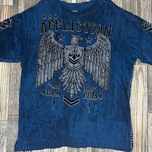 🔥☠️ Y2K AFFLICTION BLK PRM Designer Grunge AOP Graphic Distressed Tee 3XL - EUC
